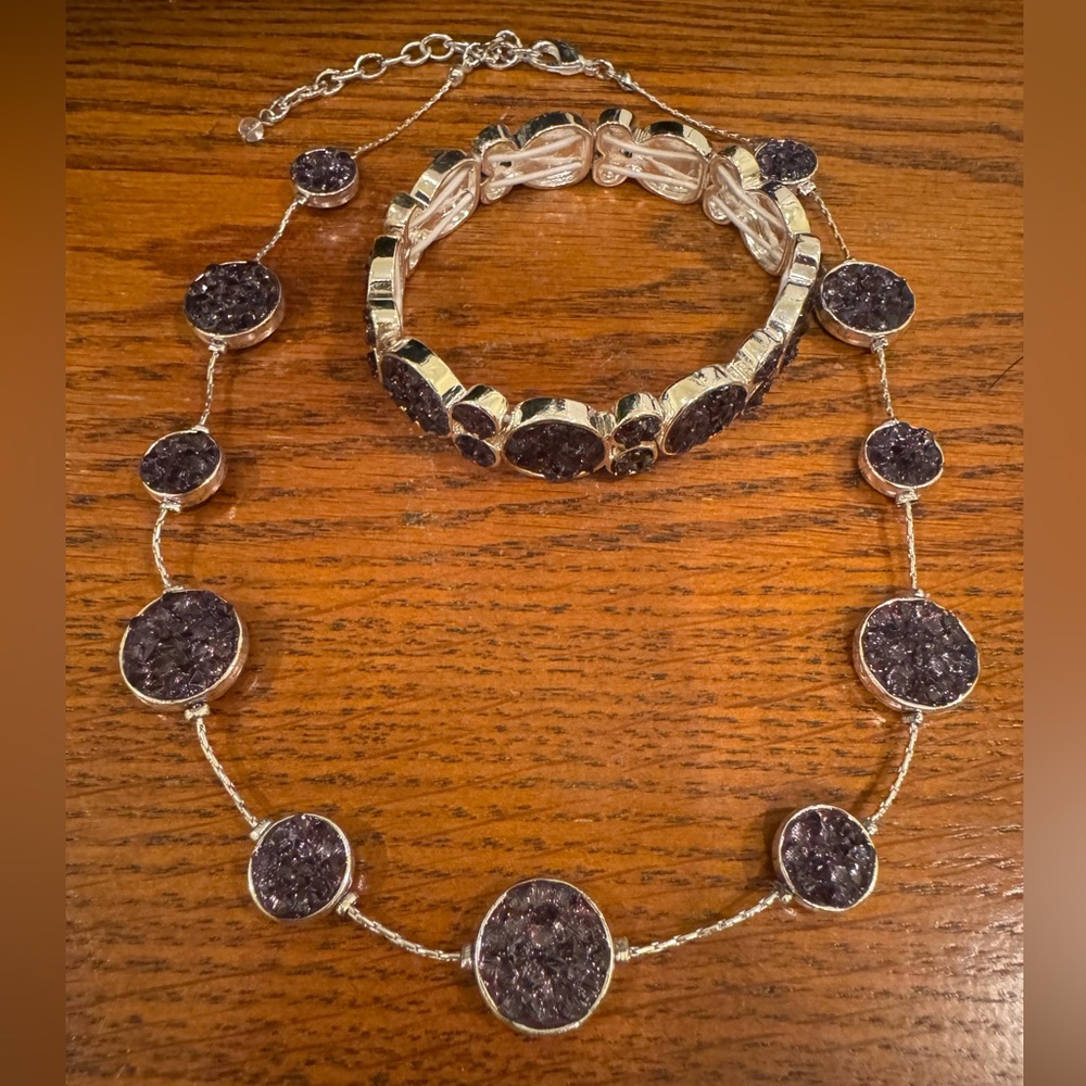 NWOT Purple Crystal & Silver Necklace and Bracelet Set